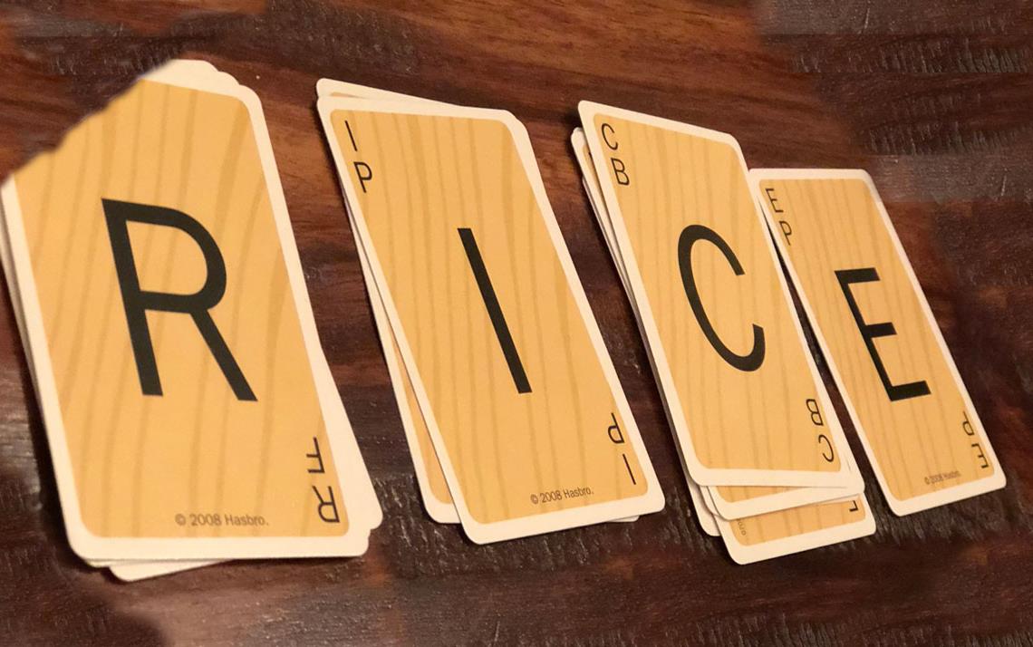 Playing cards spell out R-I-C-E