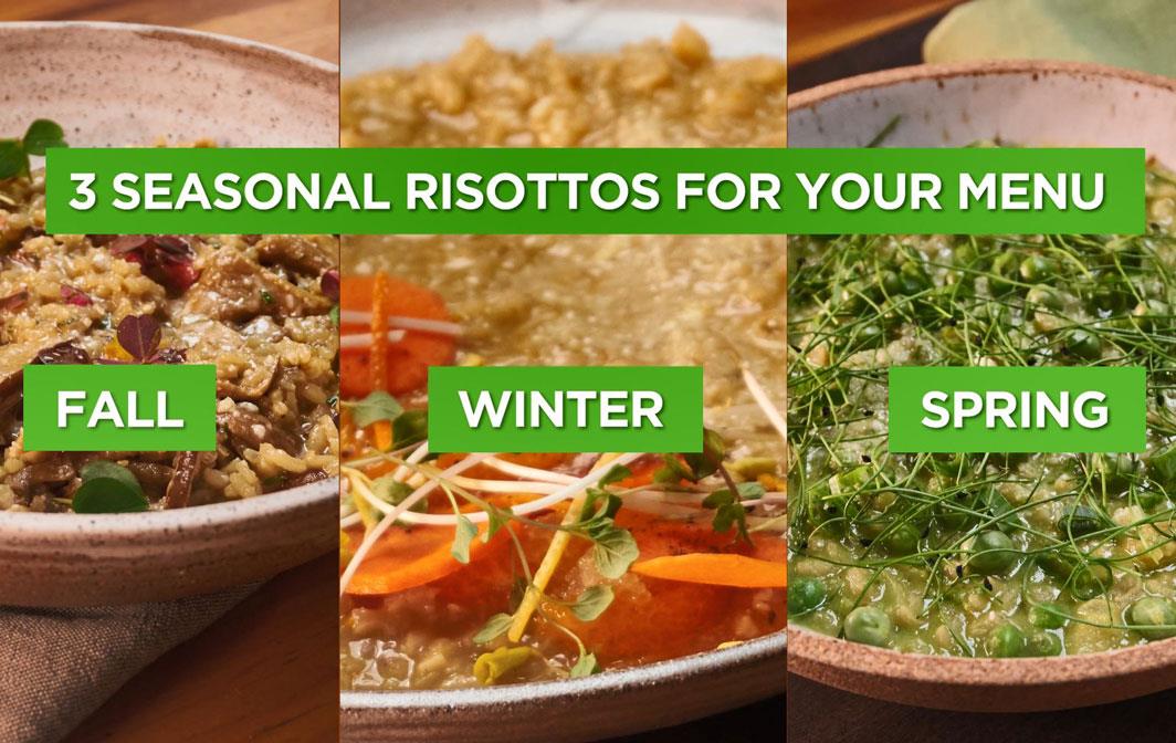 Images of three different risotto dishes for fall, winter, and spring