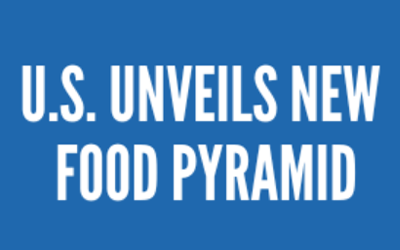 US Unveils New Food Pyramid, white text on blue background