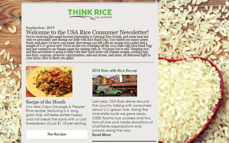 New Consumer Newsletter superimposed over photo showing white rice spilling out of heart-shaped mold onto wooden planks