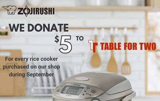 Zojirushi NRM Promo with Table For Two charity, rice cooker & rice bowl sitting on kitchen counter