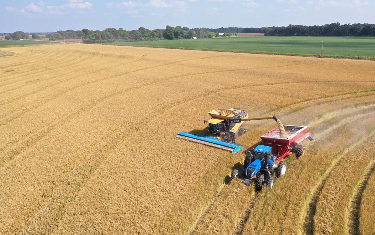2021-AR-Harvest, curvilinear-pass with combine and grain cart (Jay-Coker-photo)