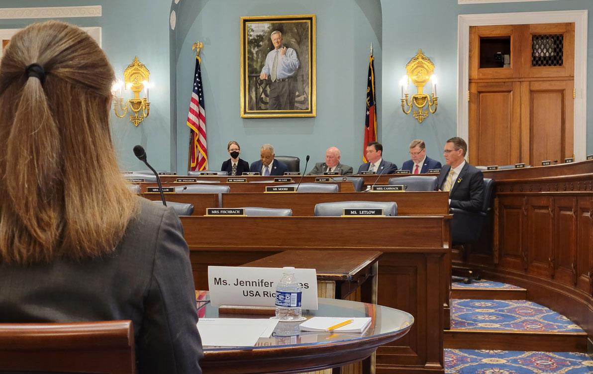 Woman with her back to camera sits before panel of men in ornate conference room