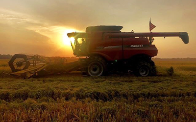 Combine at sunset, American flag