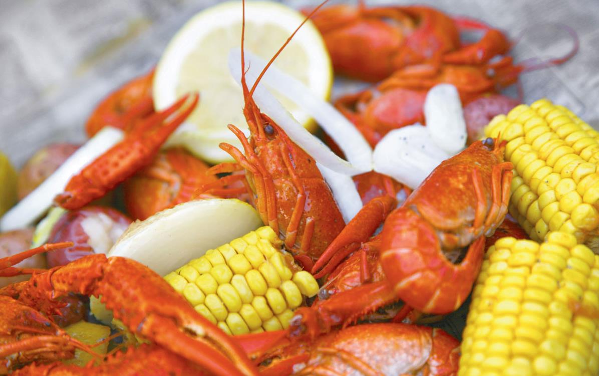 Crawfish Boil up close: orange crawfish, yellow corn & lemon slices, & white onions