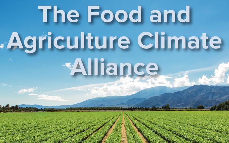 The Food and Agriculture Climate Alliance title slide shows blue sky, moutains, and green row crop