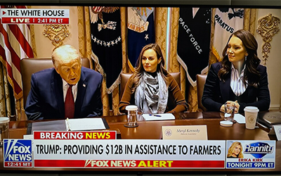 Trump ag relief announcement, Trump, Meryl Kennedy, & Secy Rollins in Oval Office