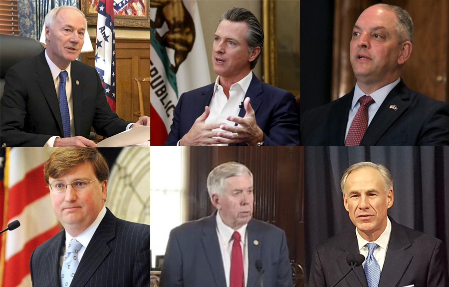 Photo collage of rice state governors, headshots of six white men wearing business suits