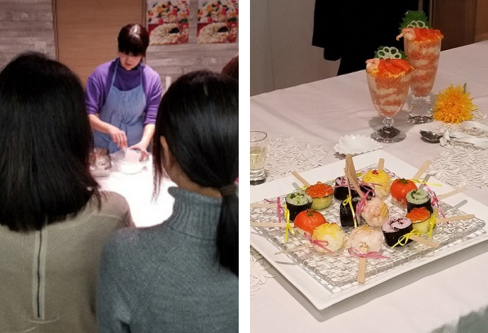 Photo collage of woman standing at table making sushi and final colorful product arranged on plate