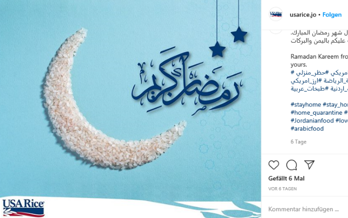 2020 Ramadan social media post with crescent moon made with raw rice against light blue background