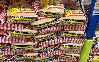 Bags of US rice at Wanis Grocery UK
