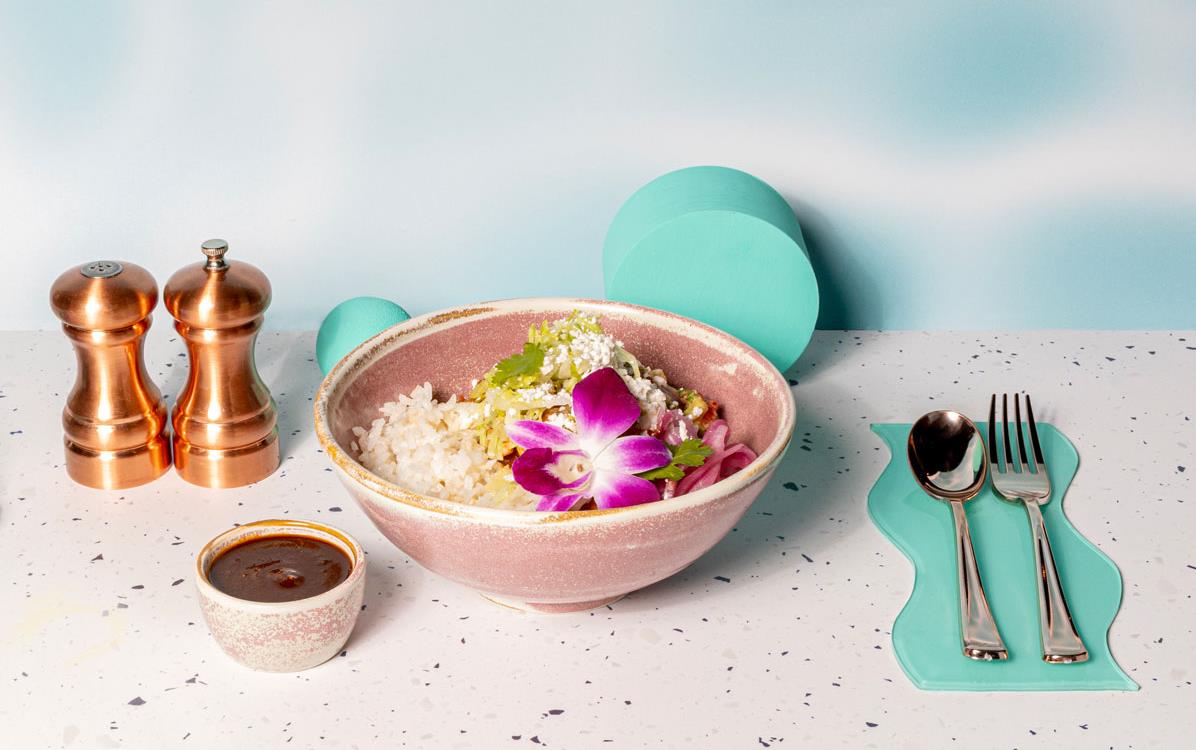 Canadian-promo, Tecolote Chicken Tinga Rice Bowl styled w/copper salt & pepper shakers & aqua objects