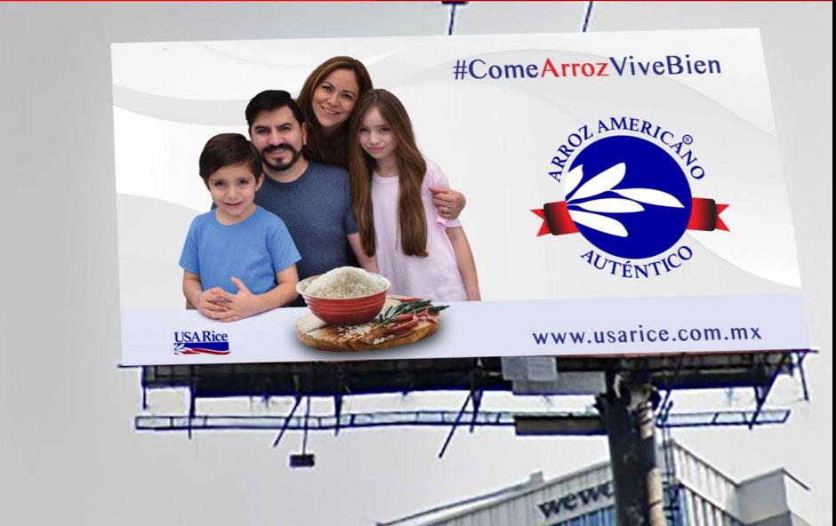 Billboard shows family of four, bowl of rice, and Made in America logo