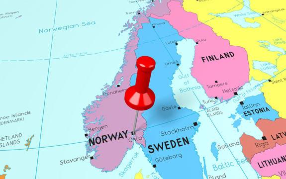 Map of Scandinavia with red-topped pin in Oslo, Norway