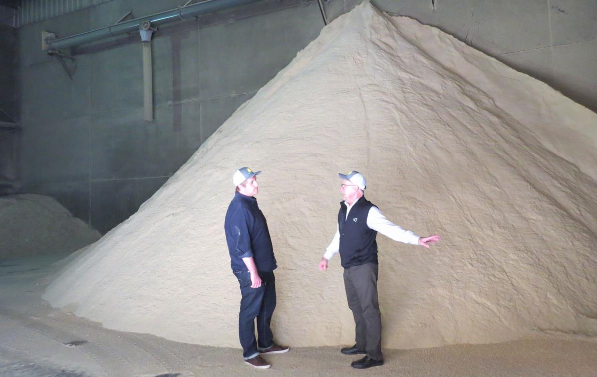 Two men stand in front of mountain-of-CA paddy rice,-Sun-Valley-Rice-photo