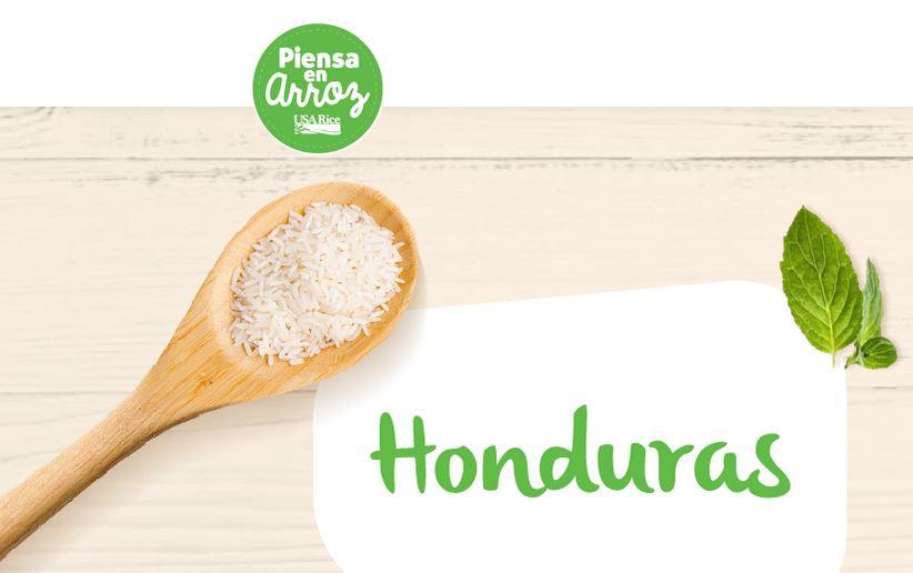 Piensa En Arroz in Honduras graphic with spoonful of white rice, quote bubble with Honduras written in green text, and green leaves