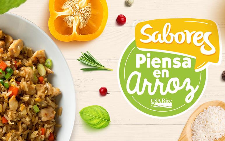 Piensa en Arroz graphic with yellow peppers, red tomatoes, green herbs, and a rice bowl