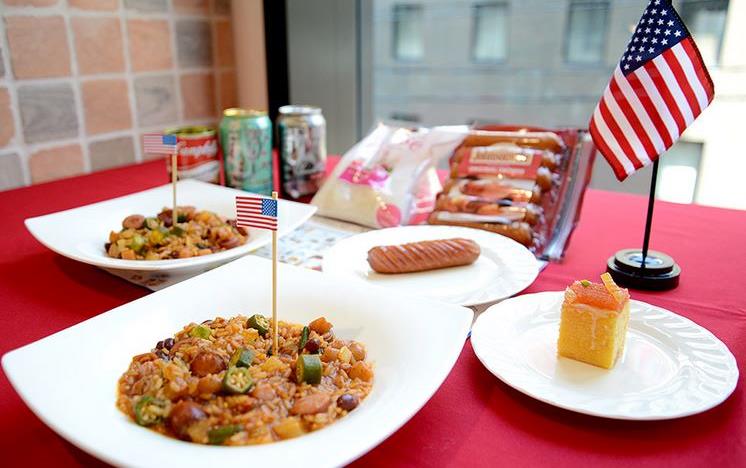 Plates of Sausage Gumbo with small American flag