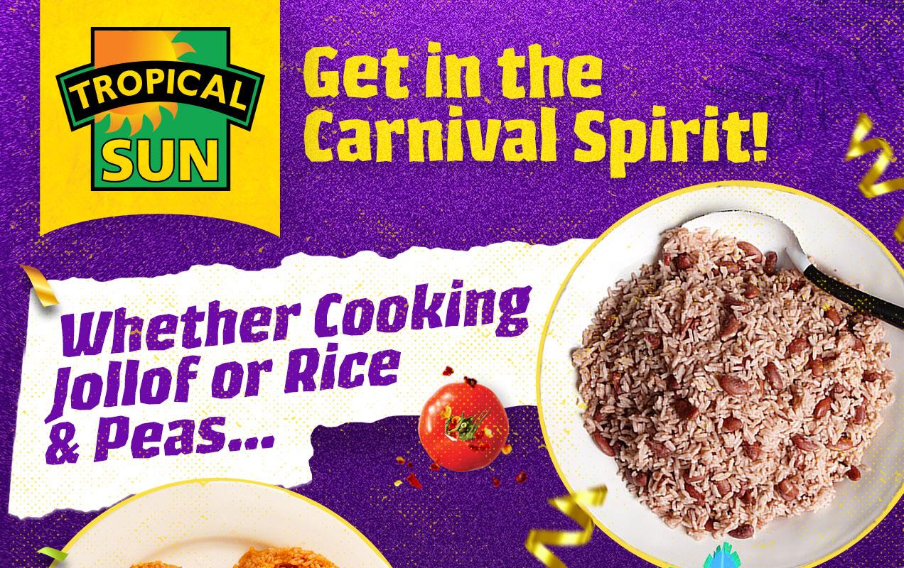 Colorful Tropical-Sun-USA-Rice-Carnival-ad shows rice dishes and rice packages with logos and confetti