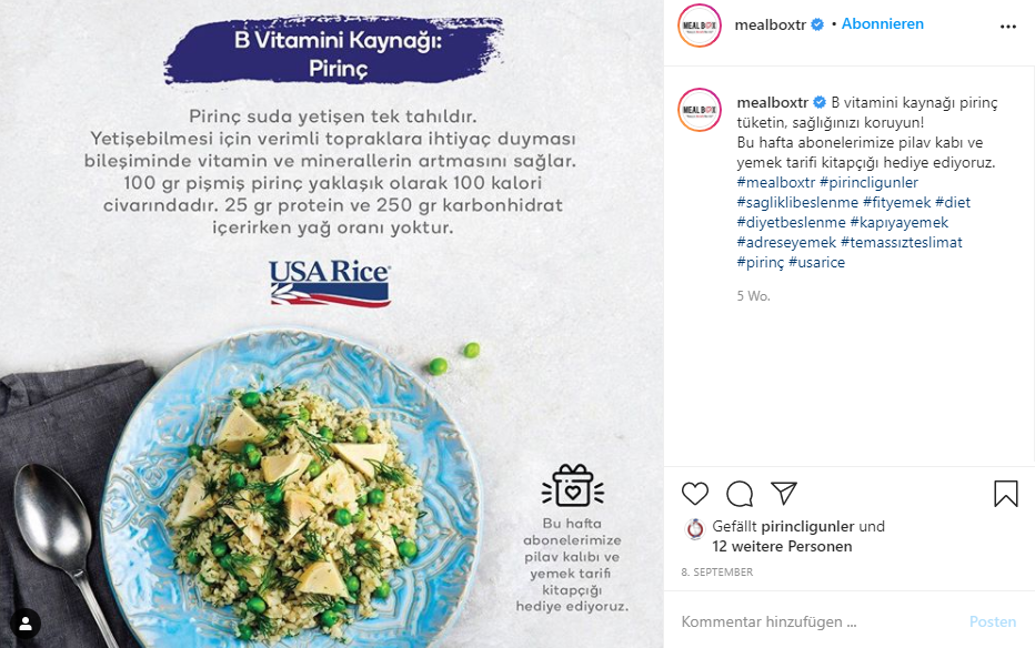 Instagram post with rice dish on blue plate below USA Rice logo