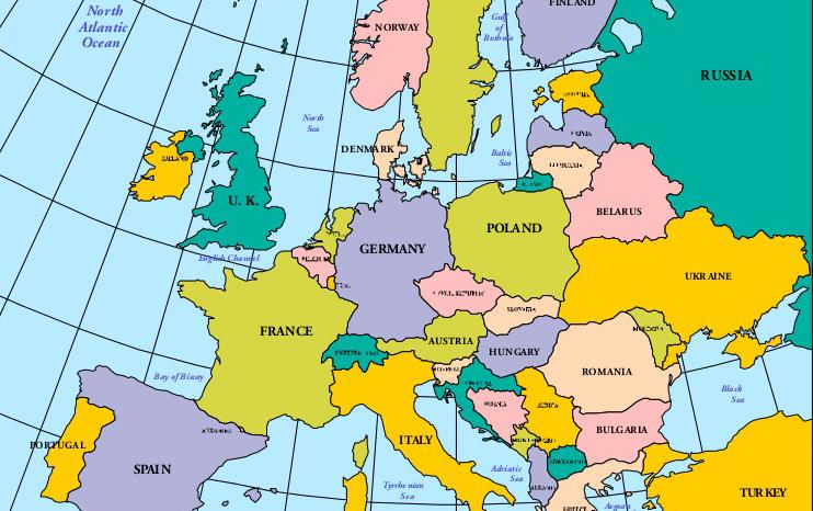 Colorful map of UK and Europe
