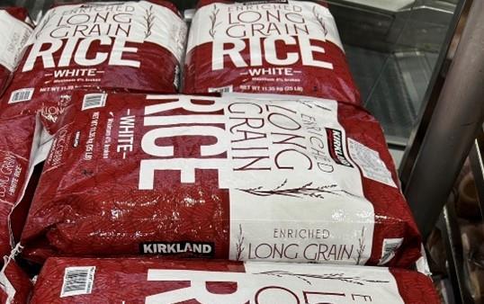 Large bags of US Rice stacked on shelves in Taiwan Costco 