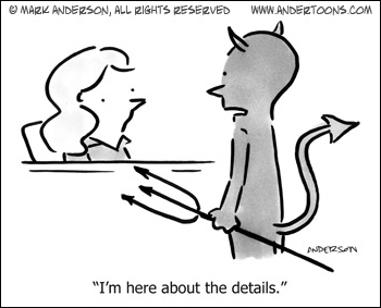 B/W cartoon with a devil carrying a pitchfork saying, "I