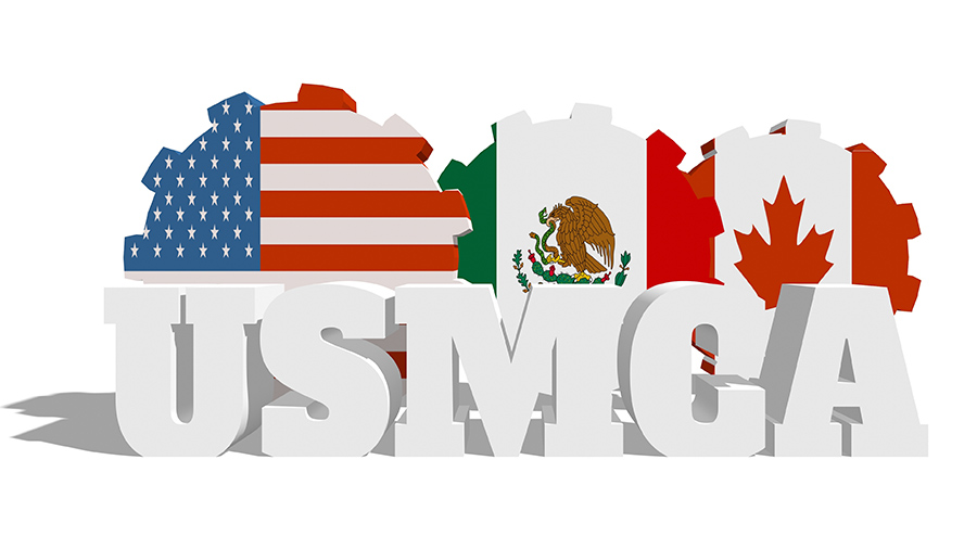 US, Mexico, and Canada flags in gear shapes behind initials USMCA