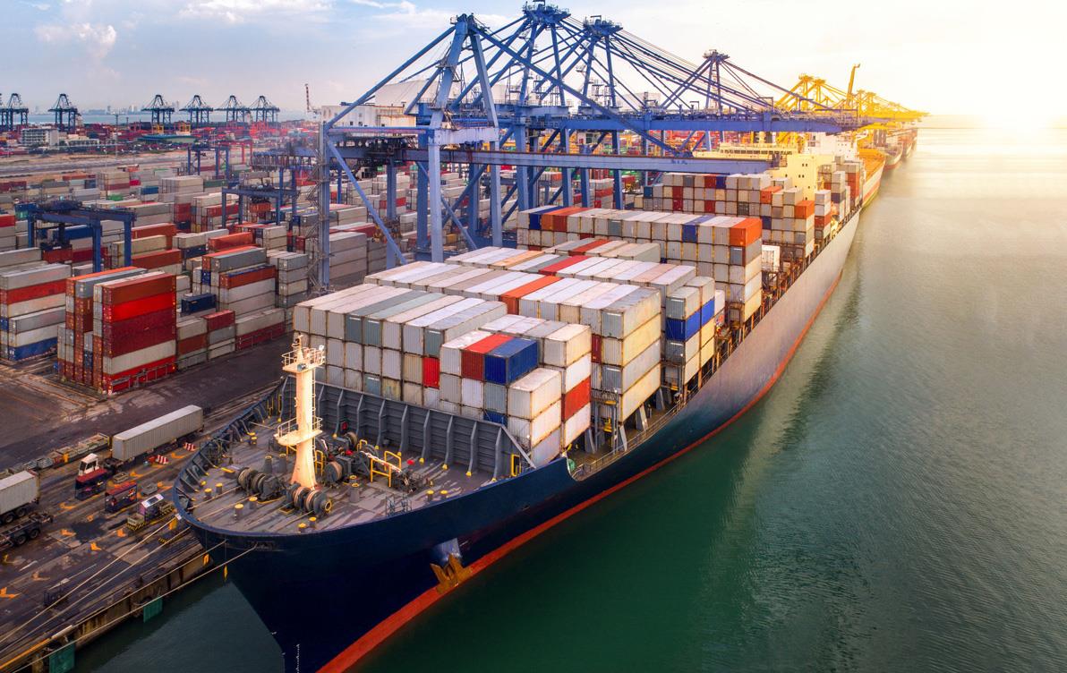 Commercial vessels loaded with shipping containers, in port