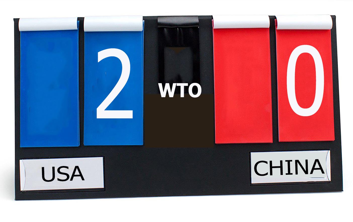 Scoreboard with USA written underneath a "2" on blue background, and a "0" on a red background with China written underneath