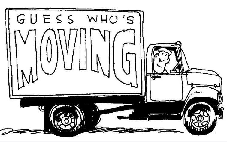 Black and white drawing of moving van with man looking out of truck cab
