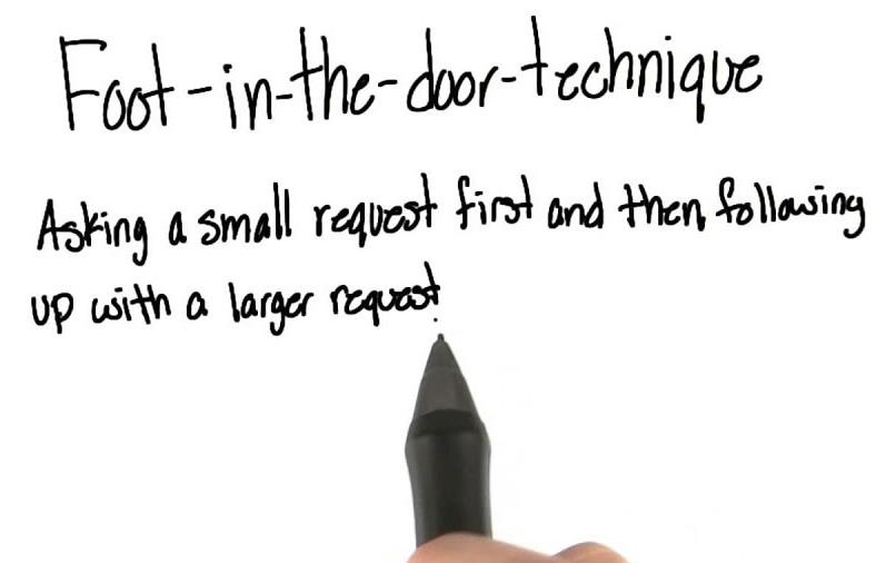 Hand holding pen writes "Foot-in-the-Door-Technique"