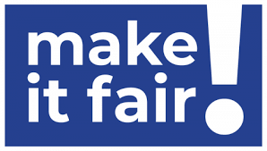 Make It Fair text in white on blue background