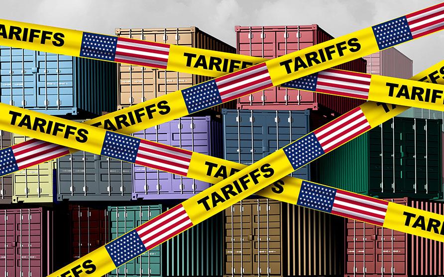 Police tape with word tariffs & American flag in front of stacks of shipping containers