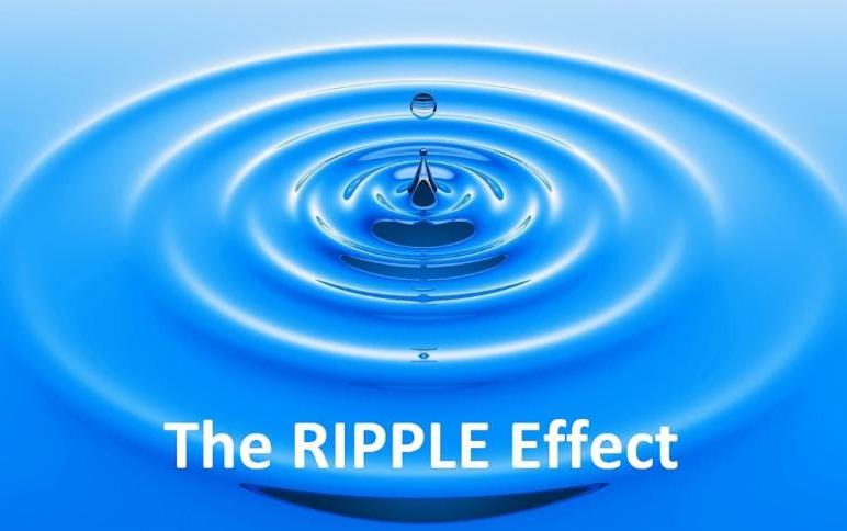 Bright blue water with one drop causing a ripple effect, white text "Ripple Effect"