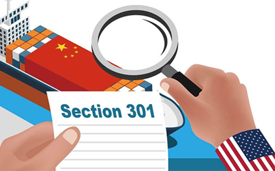 Section 301 graphic shows hand holding magnifying glass above shipping vessel