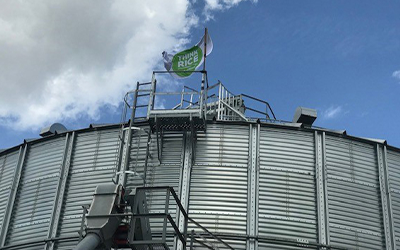 Think Rice Pride, flag flying over grain bin
