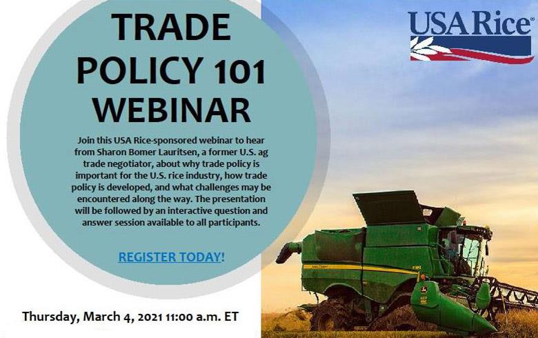Trade Policy Webinar invite includes photo of green combine, USA Rice logo, and text inside a blue/green circle