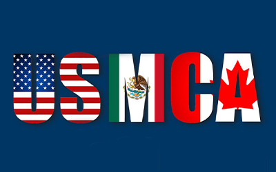 USMCA graphic with country symbols on blue background