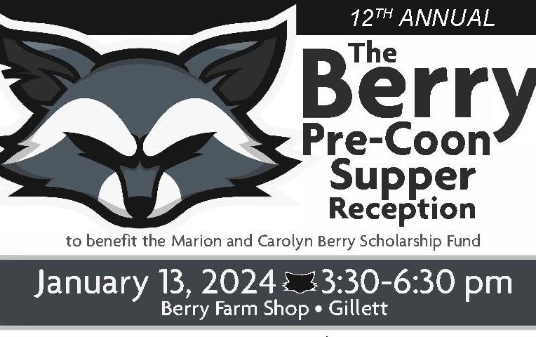 Berry Pre-Coon-Supper-poster with raccoon logo & event info