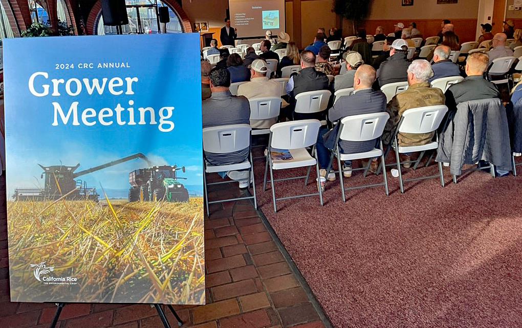 2024 CA-Rice-Mtg,-signage in front of group of men sitting in chairs with their backs to the camera