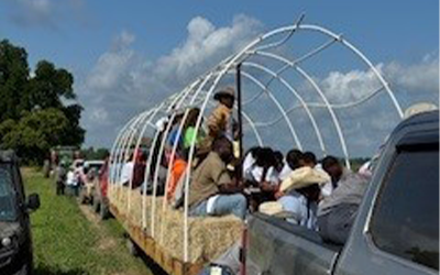 Attendees at NBGC Field Day in Vidalia LA ride on truck tour through farm fields