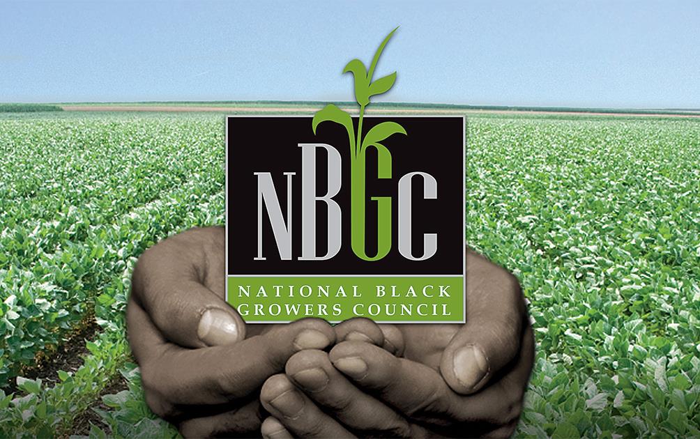 Black hands holding NBGC logo, background is green field