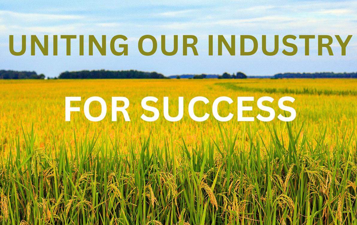 Text "Uniting-Our-Industry-For-Success" superimposed over golden rice field