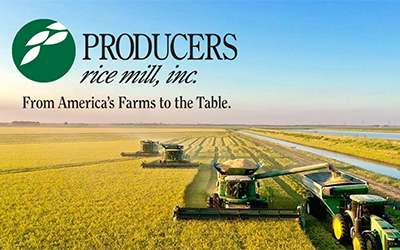 Producers Rice Mill promo with logo above combines harvesting rice