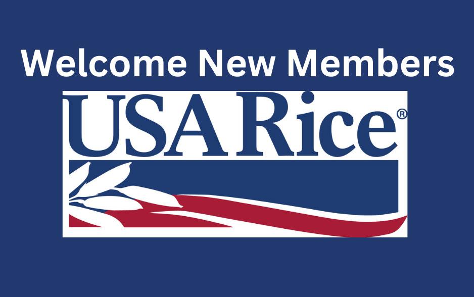 Welcome-New-Mbrs, white text on dark blue background w/USA Rice logo