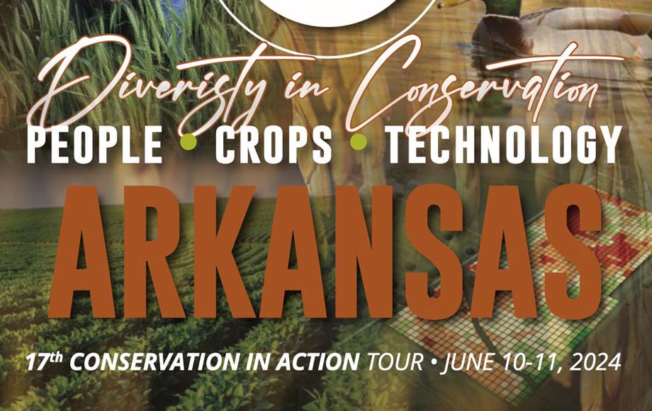 Arkansas Conservation-Tour-Poster with farmers, drones, ducks, crops