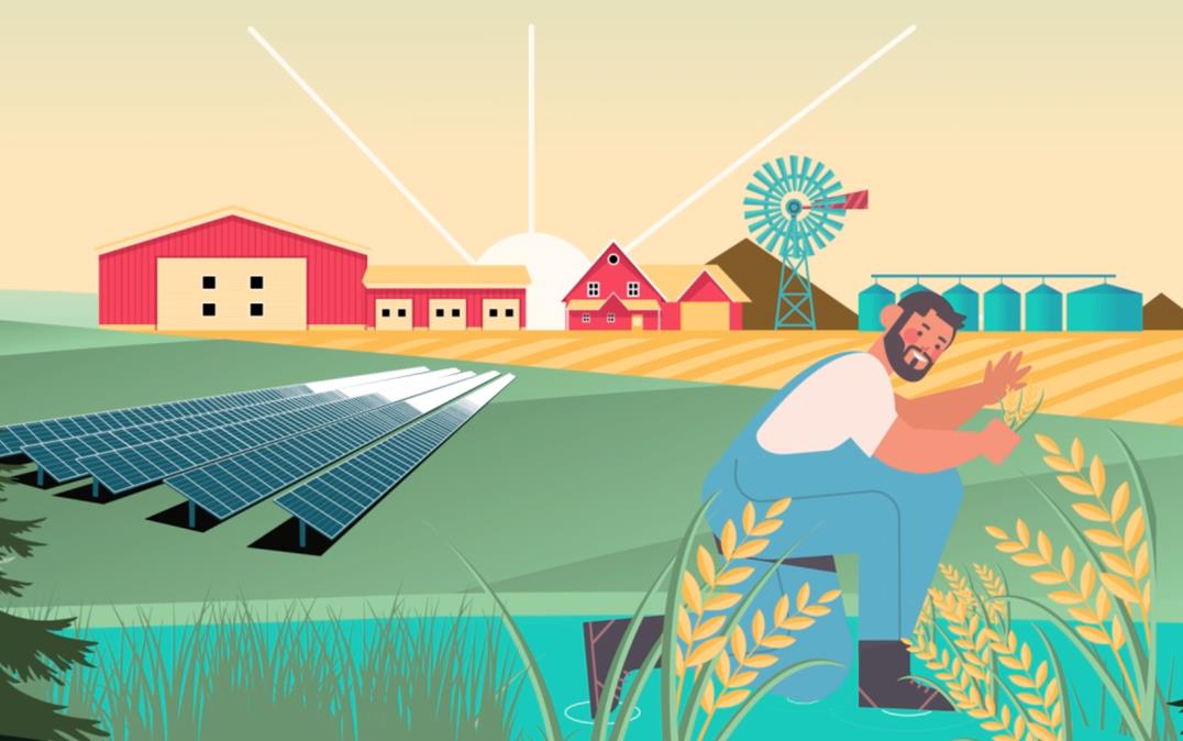 Biodiversity-Animation Video shows farmer with farm buildings and solar panels in background