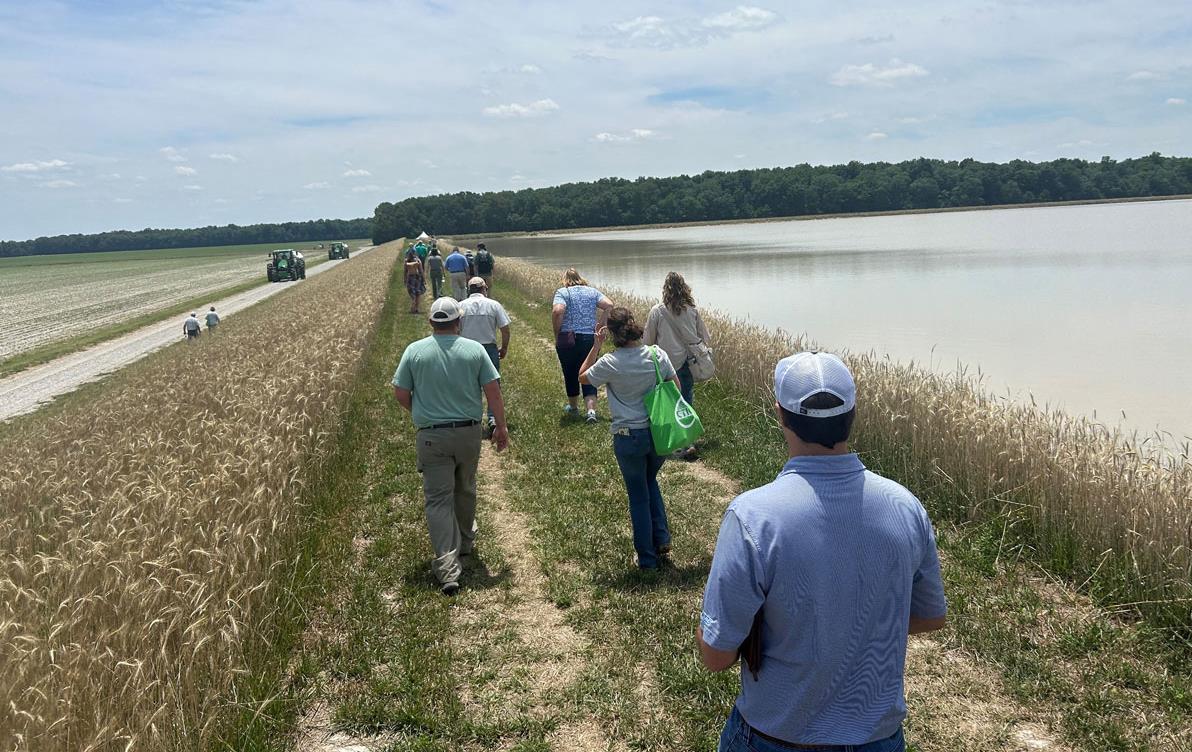 Conservation-Tour, people walk along the reservoir at Scott-Matthews farm in Weiner AR