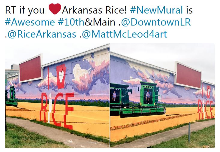 AR Rice Mural painted on building downtown, combine in a rice field